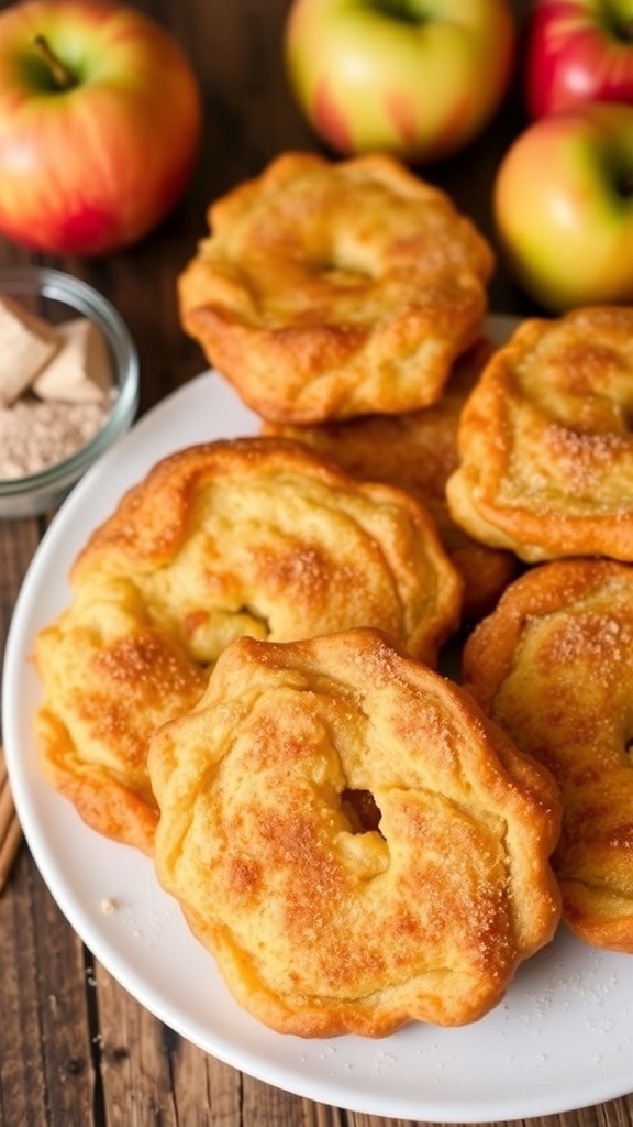 Warm baked apple fritters dusted with cinnamon sugar on a plate, with apples in the background.